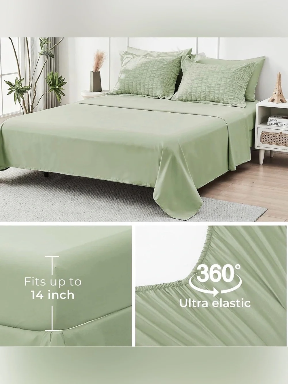Seersucker Full Sheets & Shams Set 4PC Sage Light Green Bedding Fitted Flat Only